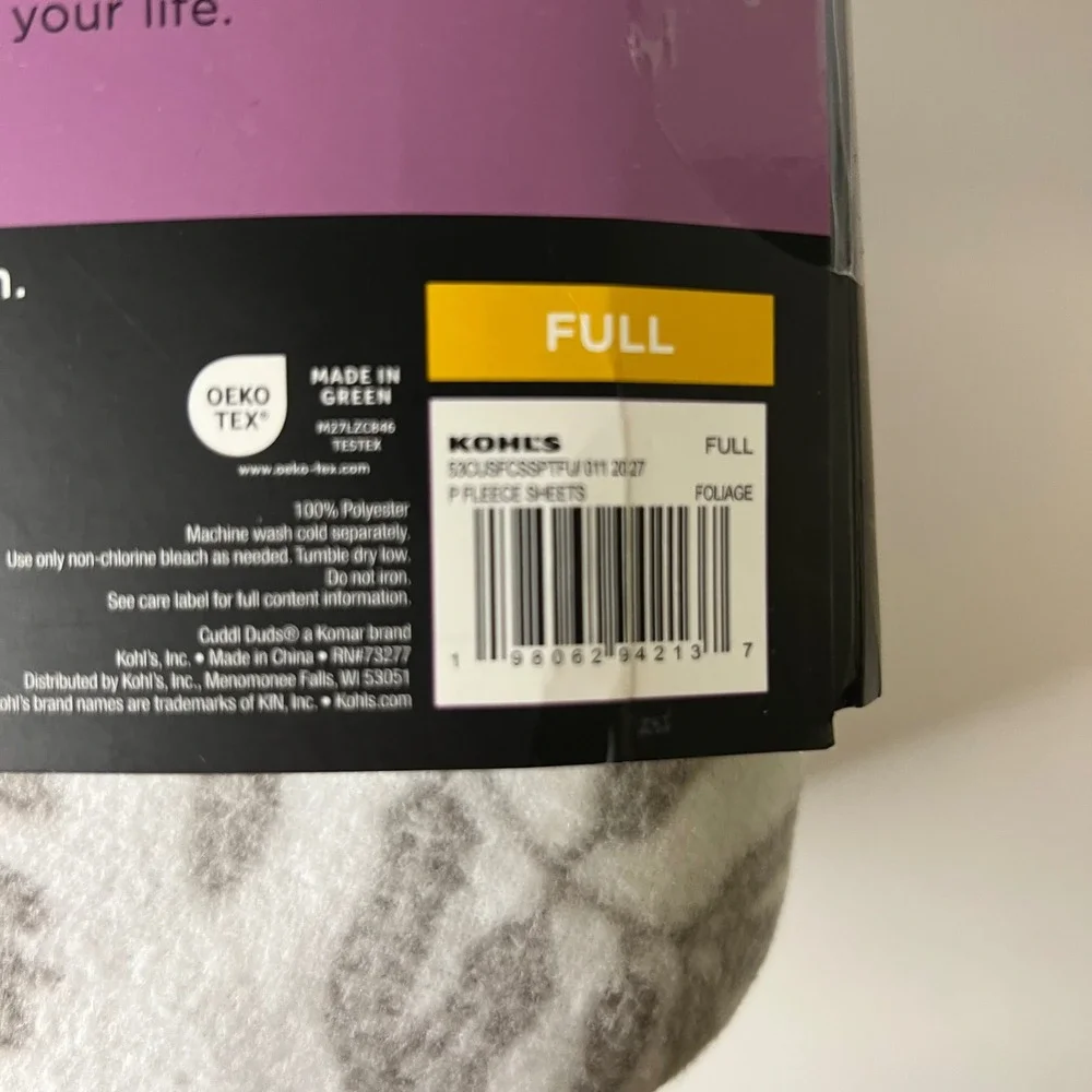 Cuddl‎ Duds MicroFleece Full Sheet Set Foliage Polyester Gray White NIP